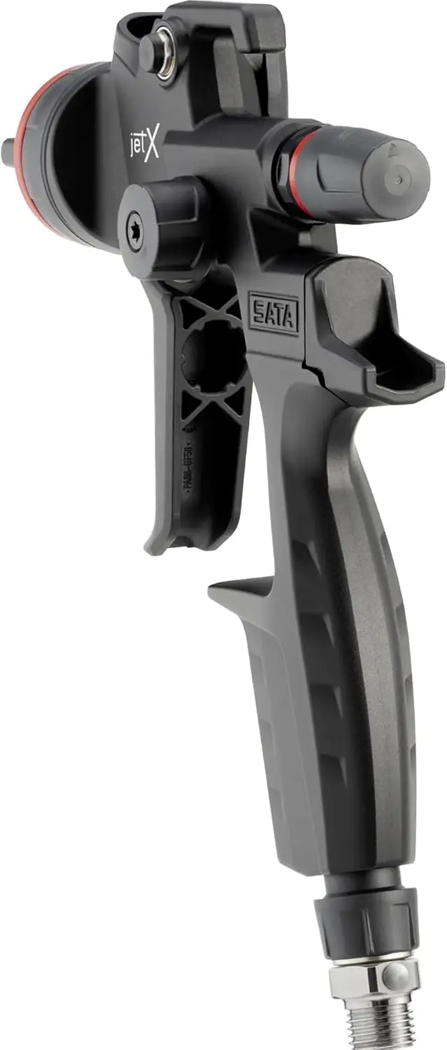 Setting up the SATA Jet X HVLP review gun for first use — connecting air inlet and testing pressure