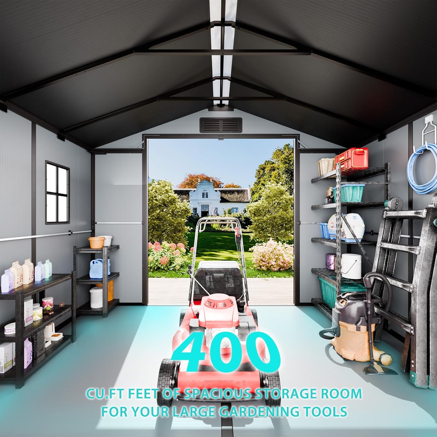 WELYAS 8x8 Resin Shed Review: Pros & Cons Worth Buying? 3 WELYAS 8x8 resin shed review features in daily use showing door and window