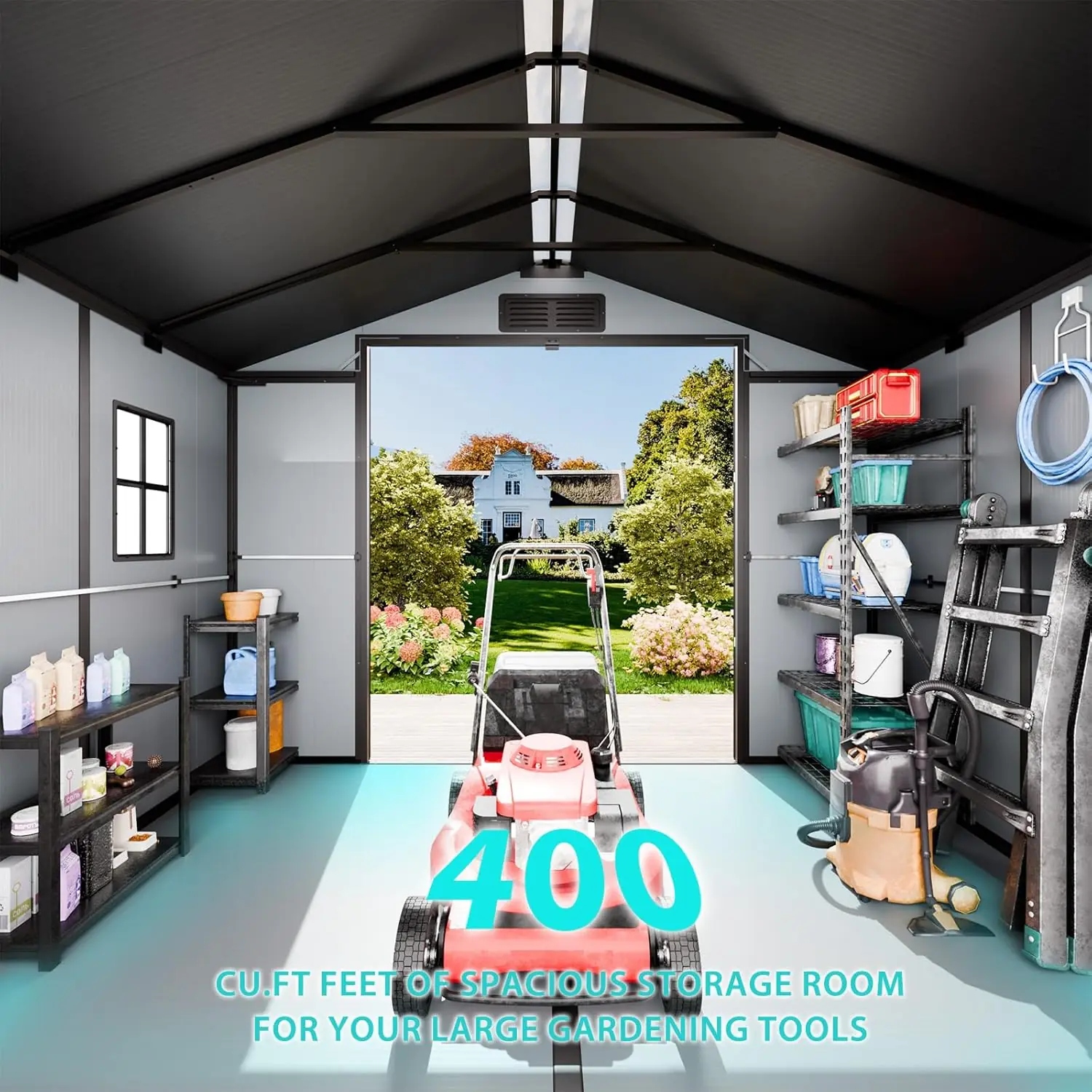 WELYAS 8x8 Resin Shed Review: Pros & Cons Worth Buying? 3 WELYAS 8x8 resin shed review features in daily use showing door and window